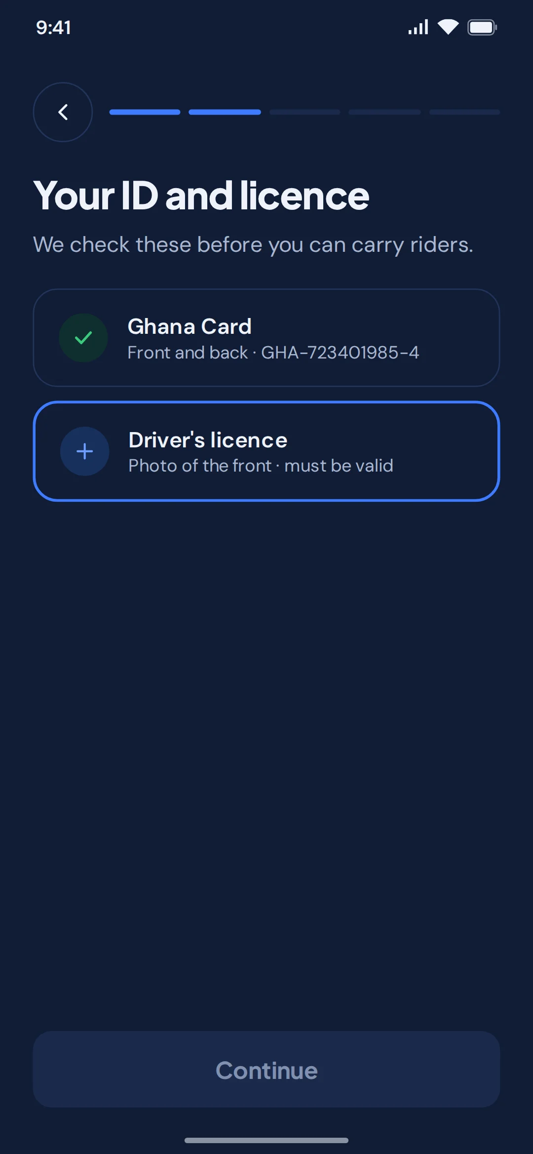 Driver app: your ID and licence, with the Ghana Card checked