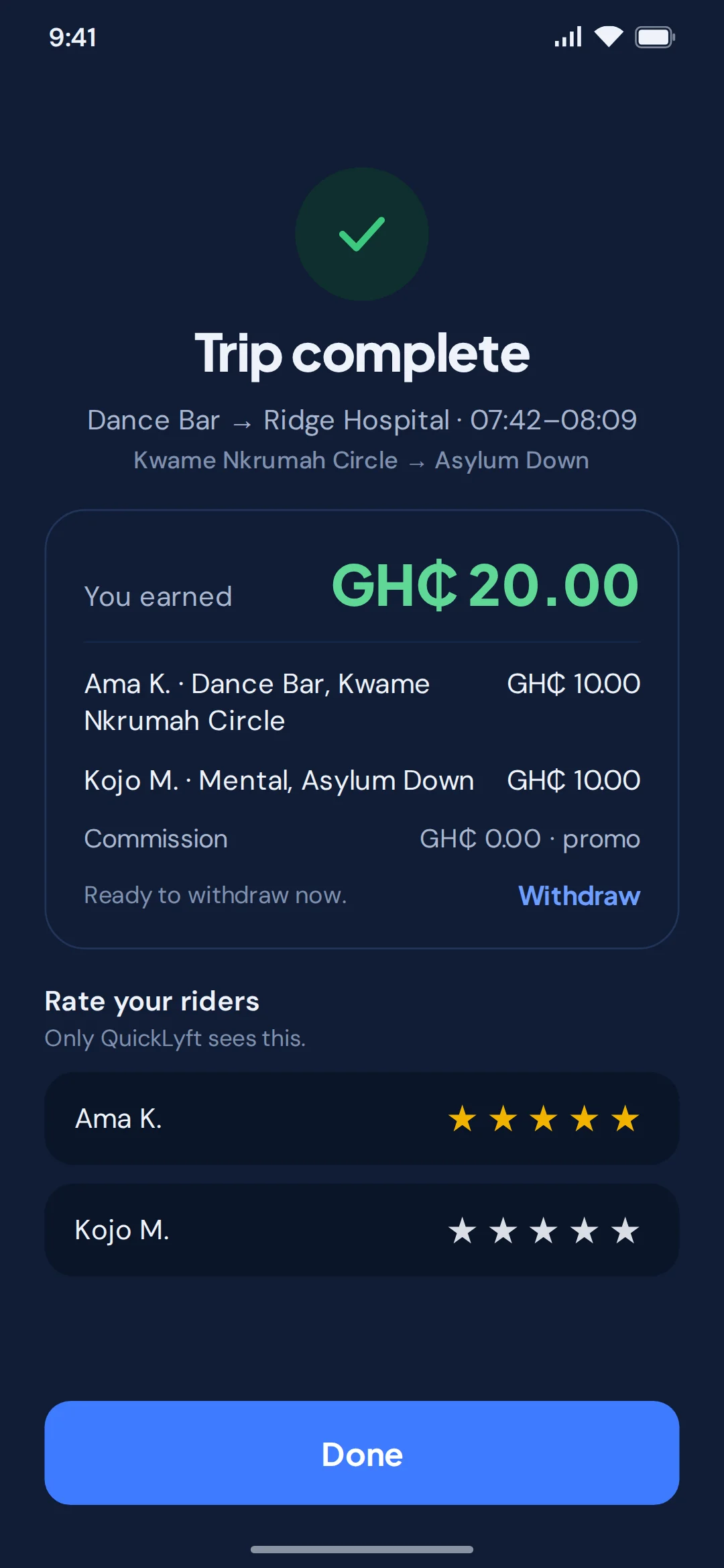 Driver app: trip complete, rate your riders
