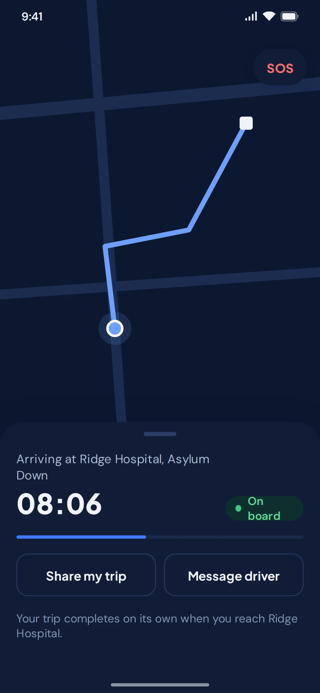 Rider app: on board, with the arrival time and Share my trip