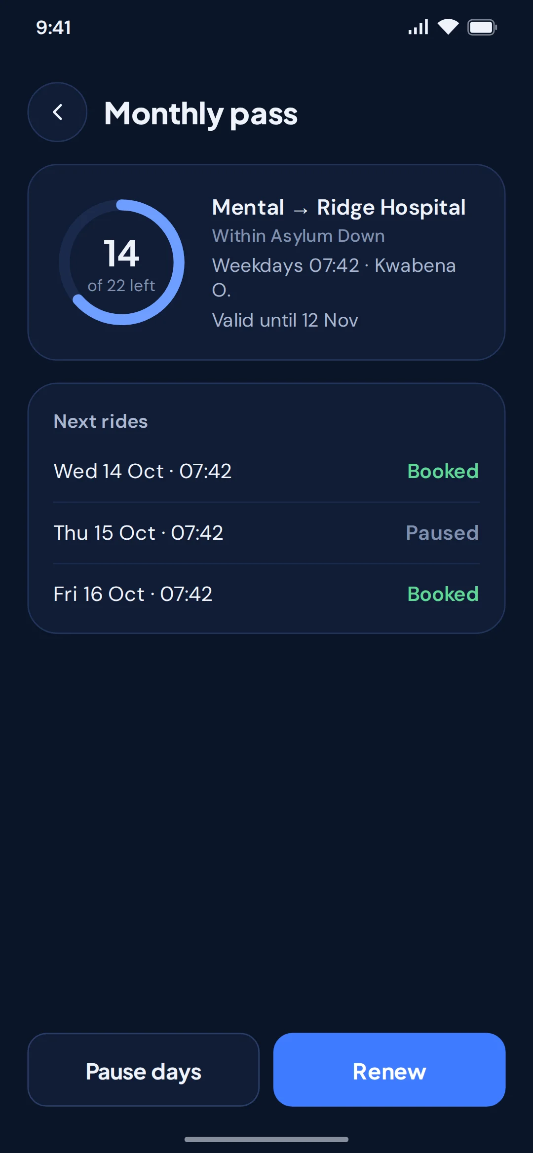 Rider app: a monthly pass with rides left and the next rides booked