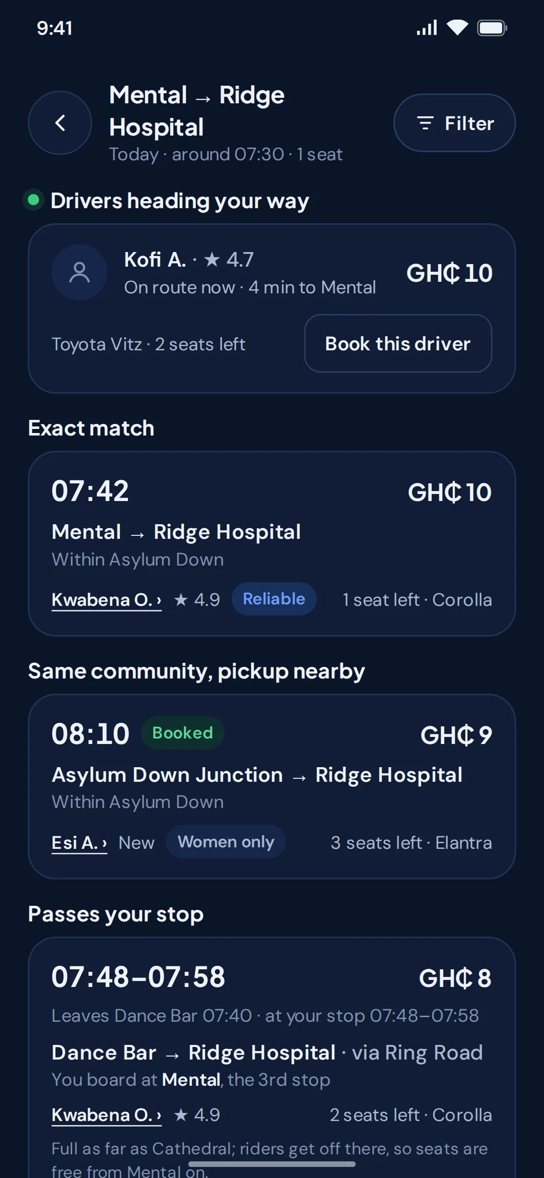 Rider app: drivers already heading your way, with pickup times, seats left and the fare