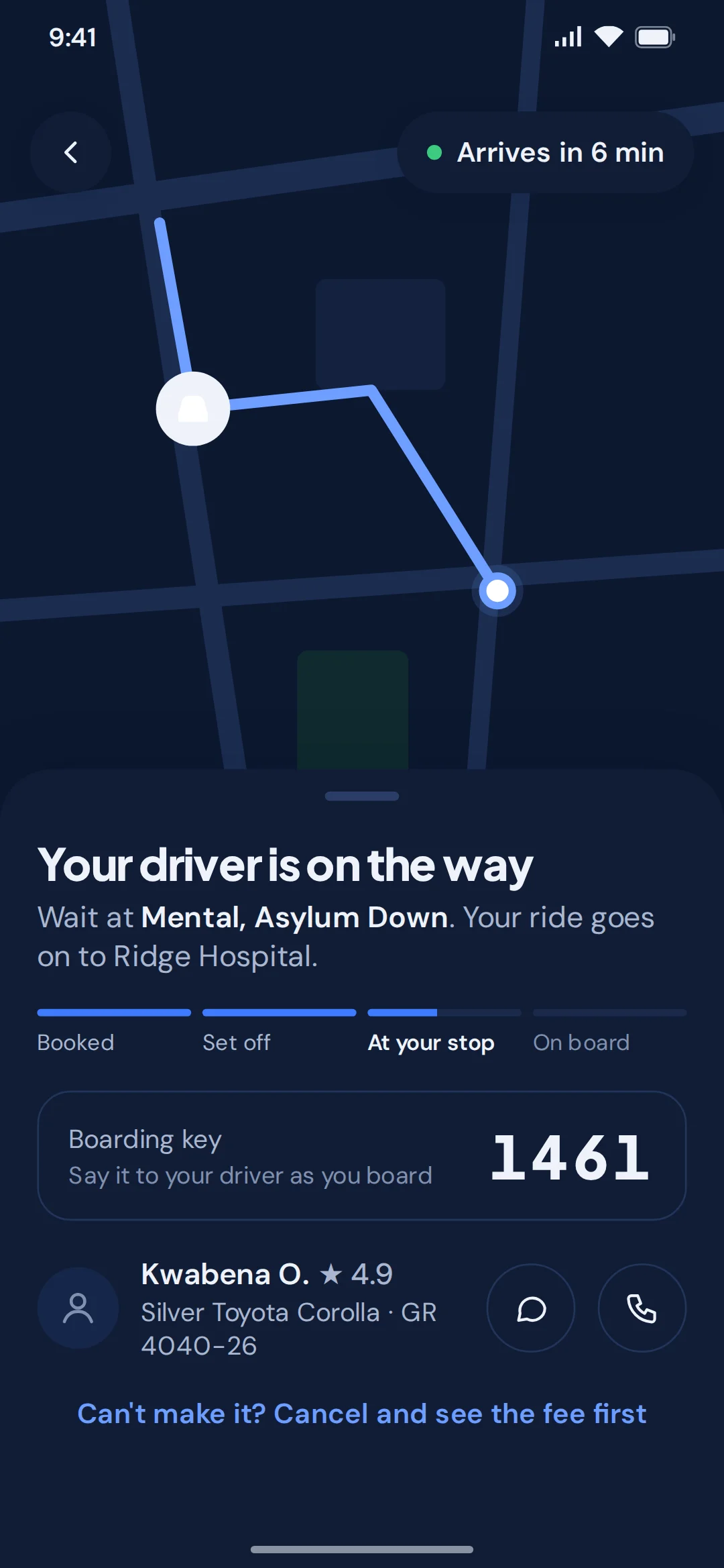 Rider app: your driver on the way on a live map, with your boarding key